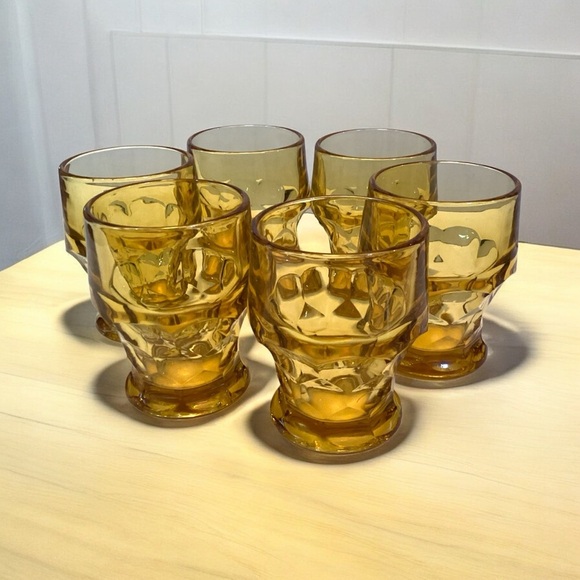 Vintage Amber Glass Georgian Honeycomb 4” Glasses Tumblers  MCM Juice Set Of 6 - Picture 8 of 8